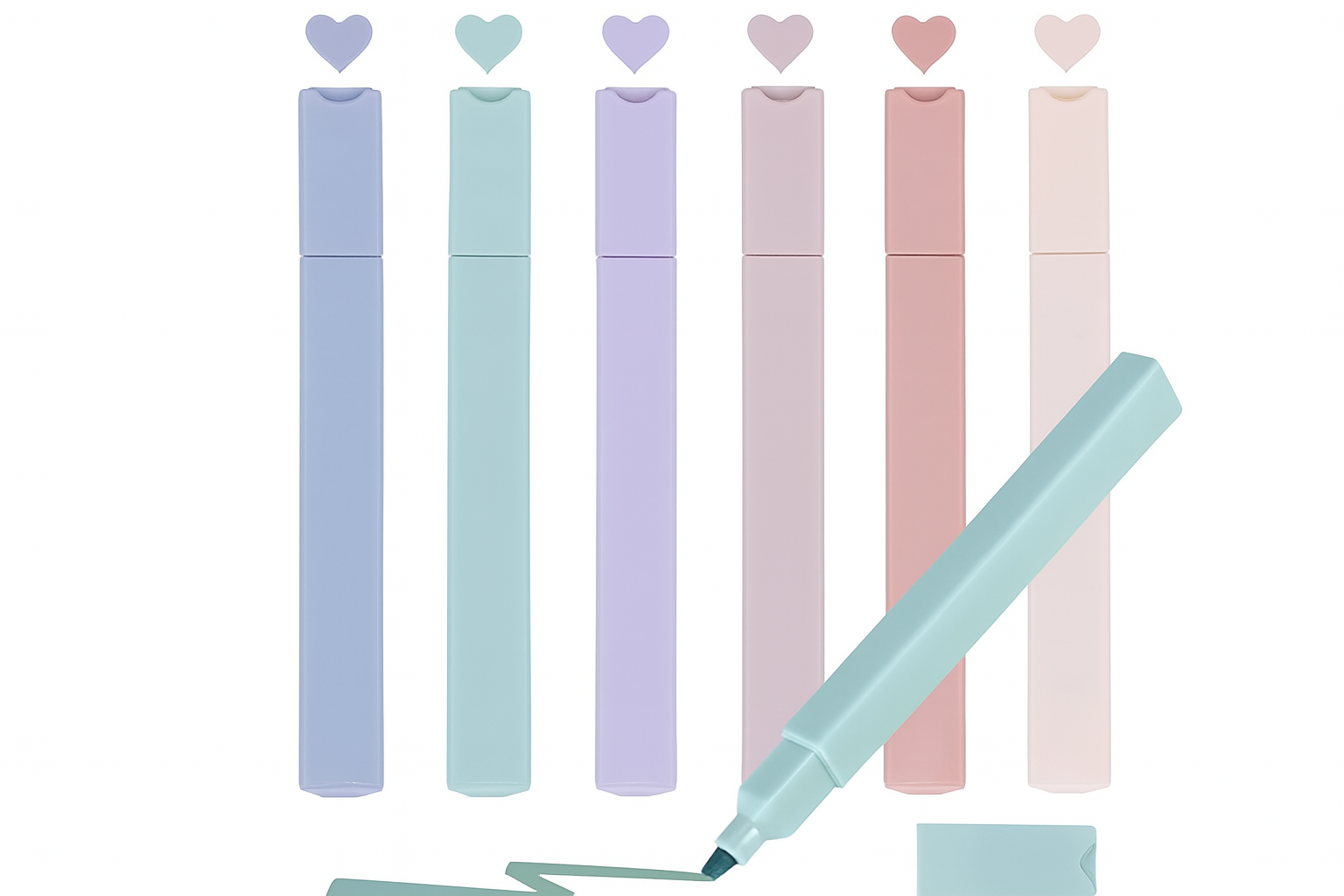 Pastel Heart Cap Highlighters – Set of 6 Soft Colors, Chisel Tip